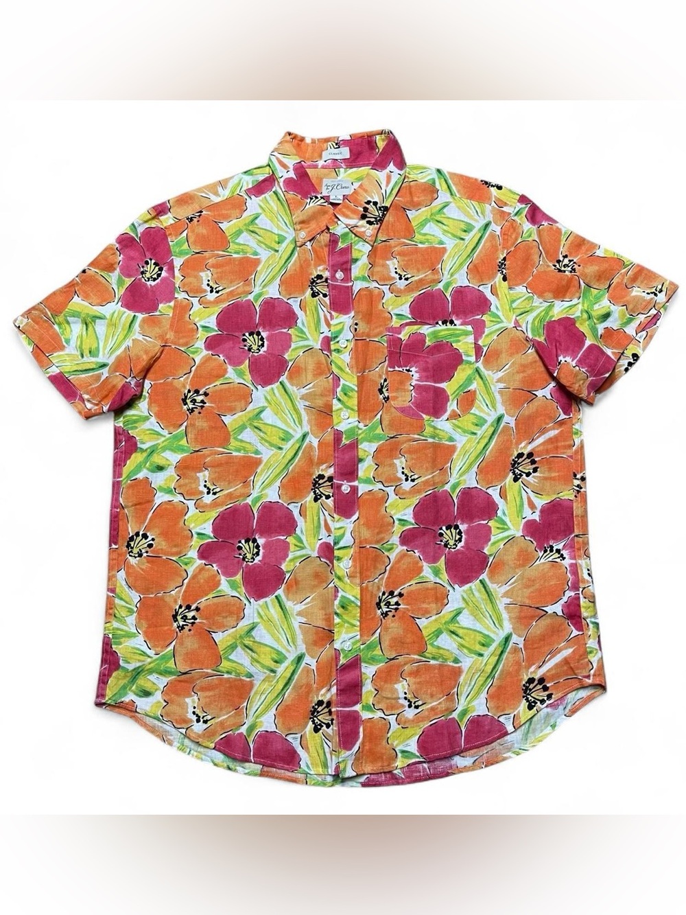 J.Crew 100% Linen Short Sleeve Shirt Hawaiian Floral Size Large Classic Fit